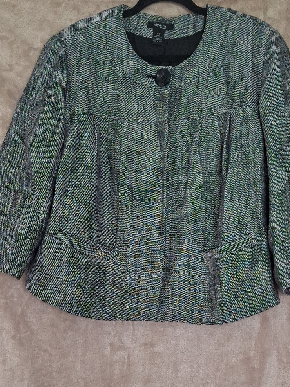 Style & Co. Black And White Classic Round Neck Tweed Blazer